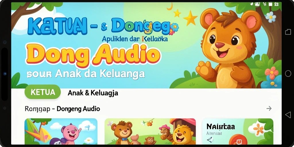 Antarmuka aplikasi KETUA yang menarik untuk mendengarkan dongeng audio.